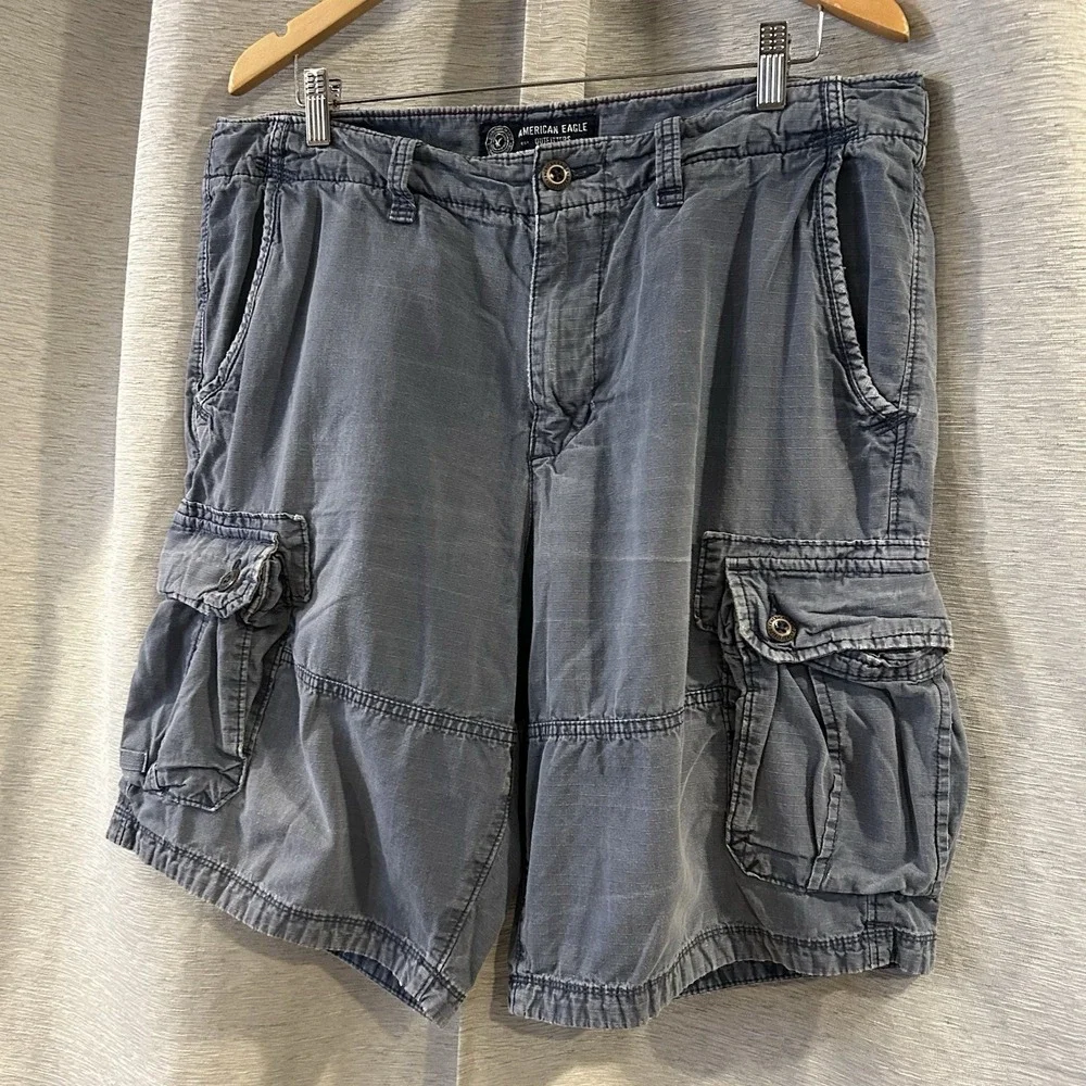 American Eagle Outfitters Cargo Shorts Mens 36 Blue Gray‎ Regular Fit Flat Front
